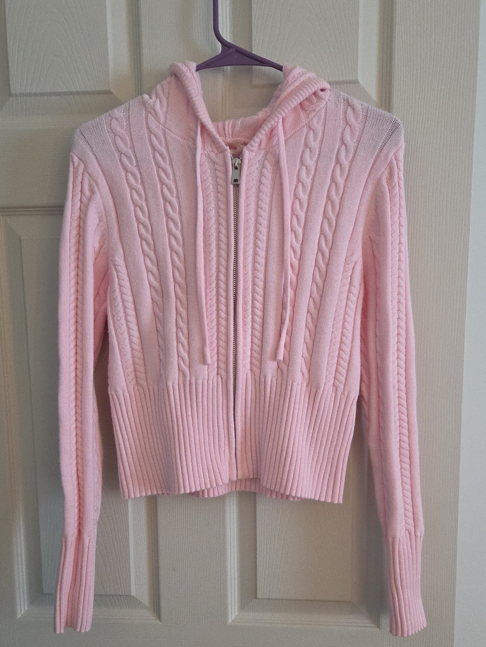 Stella Tweed Cable-Knit Zip Hoodie Sweater - Pink